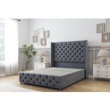 (6' Super King, Steel) Sloomy Luthor Plush Divan Bed Base No Drawers With 54" Wingback Headboard & 12" Matching Footboard
