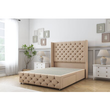 (6' Super King, Pebble) Sloomy Luthor Plush Divan Bed Base 2 Drawers Foot-End With 54" Wingback Headboard & 12" Matching Footboard