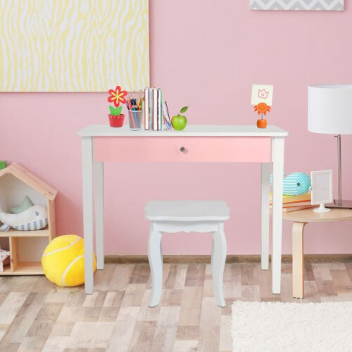 Kids Vanity Table and Stool Set, Tri-Fold Mirror, White 1