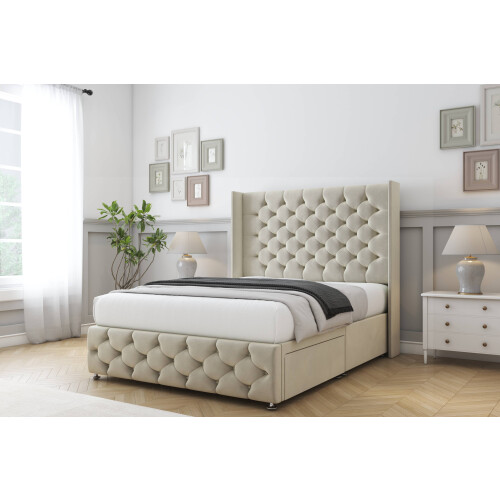 (5' King, Cream) Sloomy Luthor Plush Divan Bed Base No Drawers With 54" Wingback Headboard & 12" Matching Footboard 2