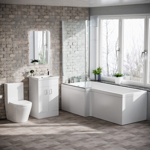 NES Home 1800mm LH L Shaped Bath, Front Panel, Screen With 500mm Vanity & Toilet