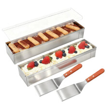 2 Pack Nonstick Rectangle Tiramisu Cake Pan with Acrylic Lid and 2 Metal Spatula Removable Frame 304 Stainless Steel