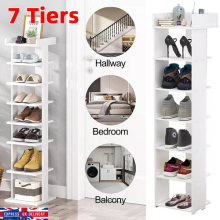 Wooden Single Row 7 Tier Shoe Rack Narrow Tall Shoe Cabinet Shelf Footwear Stand