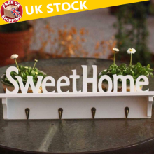Key Holder Storage Hooks Wall Mounted White Wooden Rack Hanger shelf Chic Style