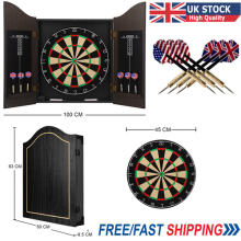 Darts Centre Set Dartboard Cabinet Sisal Board Wooden with Shaped Doors 6 Darts