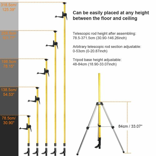12 Ft/3.7m Adjustable Telescoping Pole Tripod for Rotary and Line Lasers Level 2