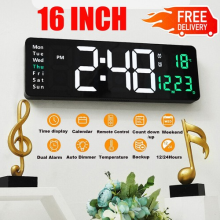 16" Digital Large Jumbo LED Wall Clock Alarm Calendar Temperature Date Dimmer