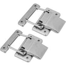 Two-pack of small, spring-loaded latches, made of stainless steel, suitable for cabinets, wooden crates, and drawers.