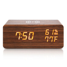 Despertador Digital, Despertador de Temperatura e Umidade LED RelóGio EletrôNico Carregador Sem Fio para Smartphone (Marrom)