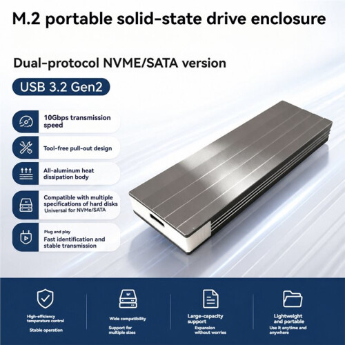 M2 SSD Case NVMe& Dual Protocol SSD Enclosure Adapter 10Gbps USB 3.2 Gen2 USB C External Enclosure for PC A 2