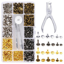 360 Sets Double Cap Rivet Leather Studs with Punching Plier for Leather Repairs Decoration, 3 Sizes and 4 Colors