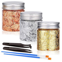 3 Color Imitation Gold Foil Flakes with Tweezers Brush Metallic Leaf for Nail Art Painting Crafts Resin Jewelry Making