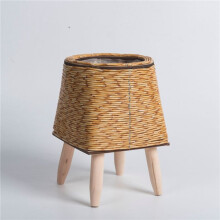 2X Vintage Imitation Rotin Tissé Étagère à Fleurs Jardinières Panier de Rangement Fait à la Main avec Pieds en Bois Support de Pot de Plante,C