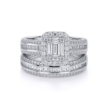 (S) Jewelco London Sterling Silver Round & Baguette CZ Shoulder-set 3-Row Solitaire-style Wedfit Bridal Rings Set - ARN151