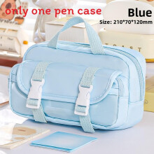 (Blue) Snap Dual Tiered Pencil Bag With Solid Color And Transparent Layer Partition
