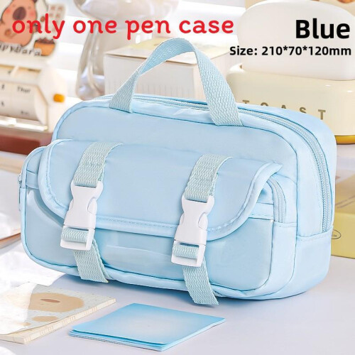 (Blue) Snap Dual Tiered Pencil Bag With Solid Color And Transparent Layer Partition