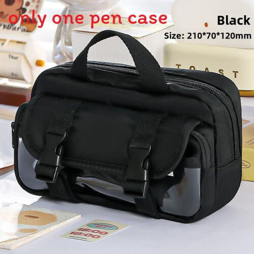 (Black) Snap Dual Tiered Pencil Bag With Solid Color And Transparent Layer Partition