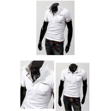 (White,XXL)Hommes Fine Polo Chemise Coton Décontracté Manche Courtes Mature Carreau Tshirt