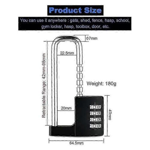 Combination Padlock Outdoor, Waterproof Heavy Duty Padlock with Code, Multifunctional Adjustable Long Padlock--YXY 2