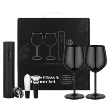 Juego de vino premium de 6 piezas con abridor eléctrico y copas de acero | Caja de regalo de lujo portátil para el hogar y lo