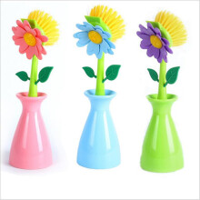 Lot de 3 brosses à vaisselle, brosse à vaisselle à long manche en forme de fleur, bleu + vert + poudre - YXY