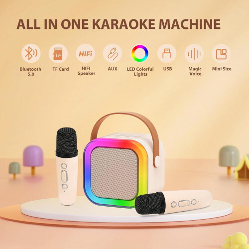 Nova Mini Máquina de Karaokê com 2 Microfones Sem Fio, Bluetooth, Efeitos de Voz e Luzes de LED – Presente Perfeito para Cri 1