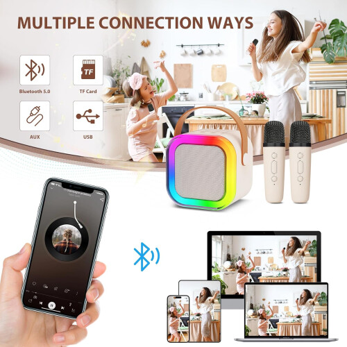 Nova Mini Máquina de Karaokê com 2 Microfones Sem Fio, Bluetooth, Efeitos de Voz e Luzes de LED – Presente Perfeito para Cri 2
