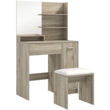 (Natural Wood, Engineered Wood) Wood-Effect Dressing Table & Stool Set with Storage