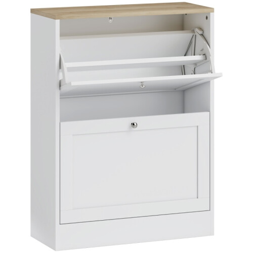 (White, Engineered Wood) Two Flip Drawer Shoe Cabinet - White