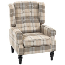 (khaki, Linen) Wingback Accent Chair in Khaki Plaid Linen-Look