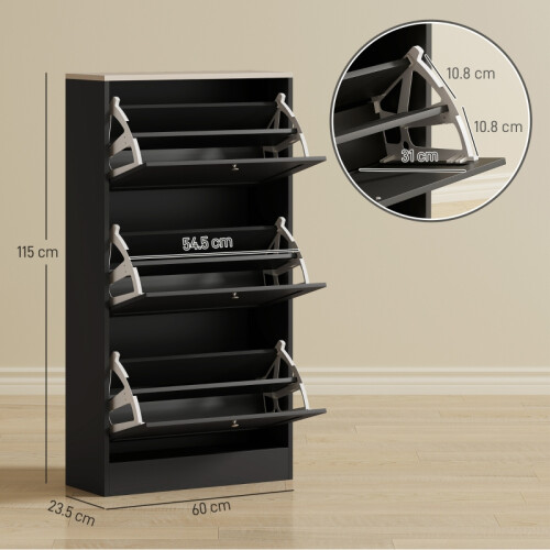HOMCOM 3-Drawer Shoe Cabinet - Black 2
