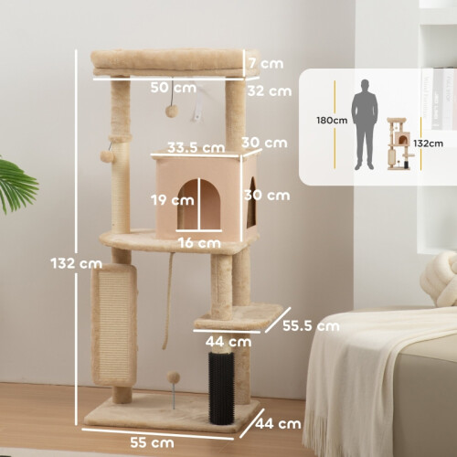 132cm Beige Cat Tree with Scratching Posts & Bed 2