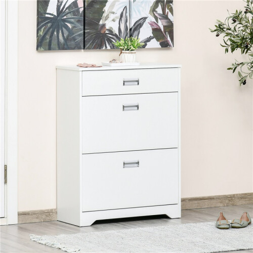 (White, Engineered Wood) Slim Shoe Cabinet with Drawer & Adjustable Shelf 1