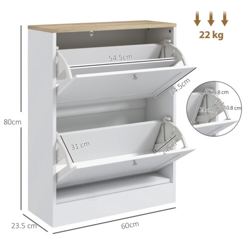 (White, Engineered Wood) Two Flip Drawer Shoe Cabinet - White 2