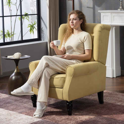 (Yellow, Flannelette) Yellow Wingback Accent Chair, Retro Tufted 1