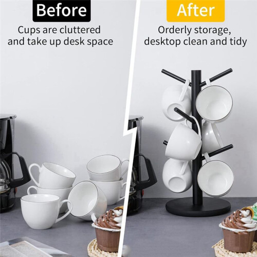 Bamboo Coffee Cup Holder with 6 Hooks, Thickened Base Black Mug Tree, Counter Storage Rack 2
