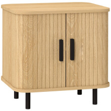 (Oak, Engineered Wood) Nordic Bedside Table with Sliding Doors & Metal Legs