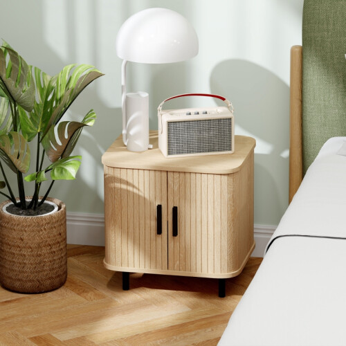 (Oak, Engineered Wood) Nordic Bedside Table with Sliding Doors & Metal Legs 1
