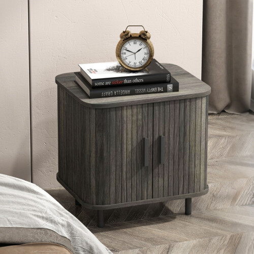 (Grey, Engineered Wood) Nordic Bedside Table with Sliding Doors, Grey 1