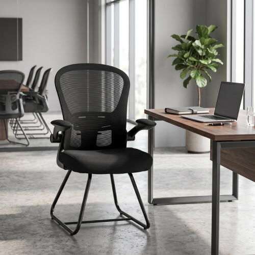(Black, Mesh) Reception Chair with Flip Armrest & Mesh Back 1
