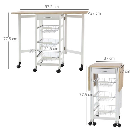 Drop-Leaf Kitchen Cart with 3 Baskets & Wheels 2