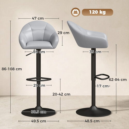 Homcom HOMCOM Bar Stools Adjustable Height Backrest Set of 2, Grey 2
