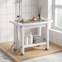 HOMCOM 2-Tier Shower Bench with Shelf 4 Legs White and Grey