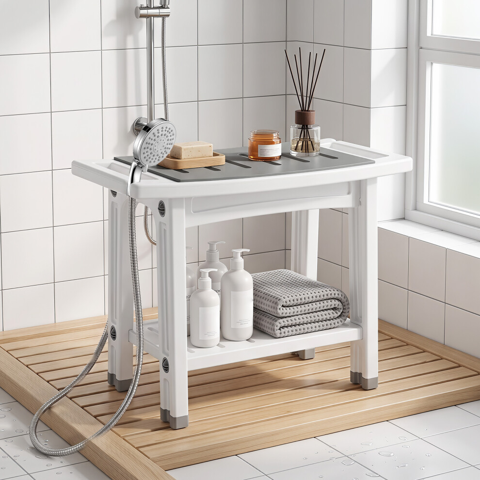 Homcom 2-Tier Shower Bench With Shelf 4 Legs White And Grey