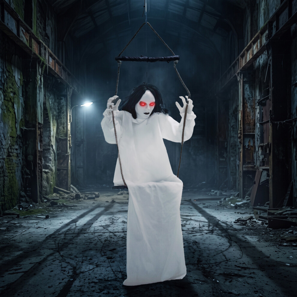 HOMCOM 170cm Animated Hanging Swing Ghost with Glowing Red Eyes for Party in White - Image 3