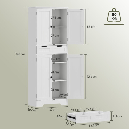 Tall Freestanding Bathroom Cabinet, White, 60x30x160cm 2