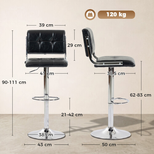 Homcom (Black) HOMCOM Adjustable Bar Stools Set of 2 with Backrest 2