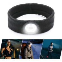 Sweatband Running Light Sport Headband For Men And Women, 5 Led Bulbs With Red Blue Lights, Usb Rechargeable Head Lamp For Ou