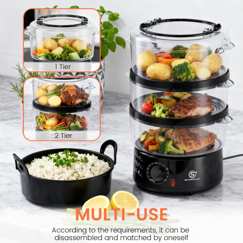 SUPERLEX 3-Tier Food Steamer 7.5L Capacity Stackable & Collapsible Baskets 550W 2