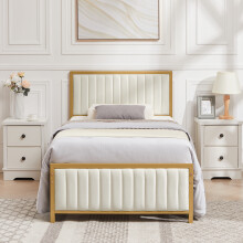 Single Metal Bed with Linen Upholstered Panels